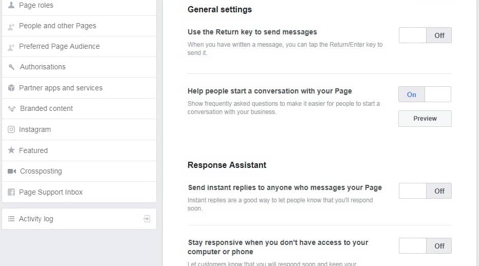 FB Business Page Message Settings